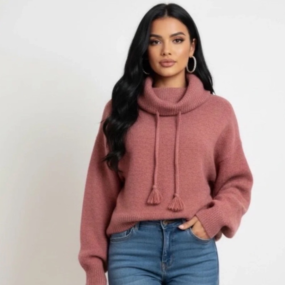 27 Miles Malibu Rose Pink Wool Cashmere Cowl Neck Tassel Sweater Small